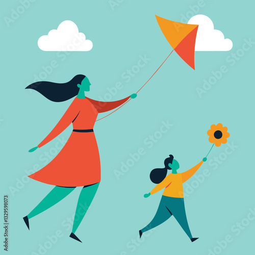 Happy Mother's Day: Mom and Child Kite Flying Joy Sky Fun Love Flat   