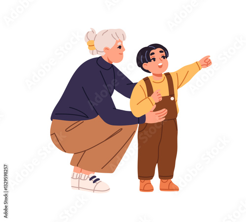 Curious boy pointing finger, asks his mom. Cute kid with question for mother shows with hand. Child talks to parent. Happy family communicates together. Flat isolated vector illustration on white