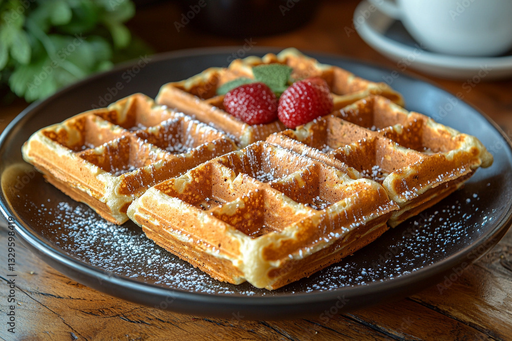 Cozy waffles in a woody cafe with warm, Cozy waffles in a woody cafe with warm,