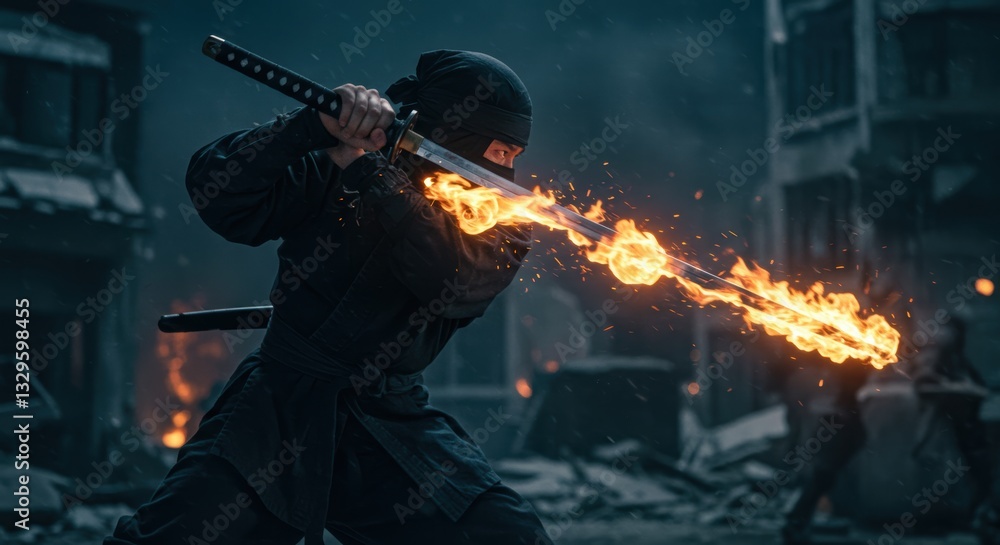 A ninja who fights with his flaming sword with great passion A ninja who fights with his flaming sword with great passion