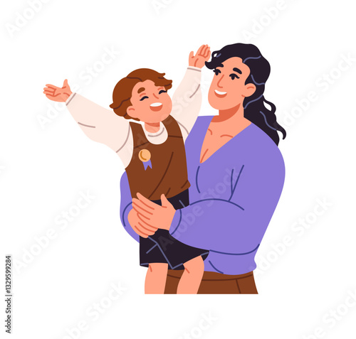 Happy family celebrates success, achievements of kid. Mother and child rejoice, have fun together. Parent supports, holds her son on hands. Flat isolated vector illustration on white background