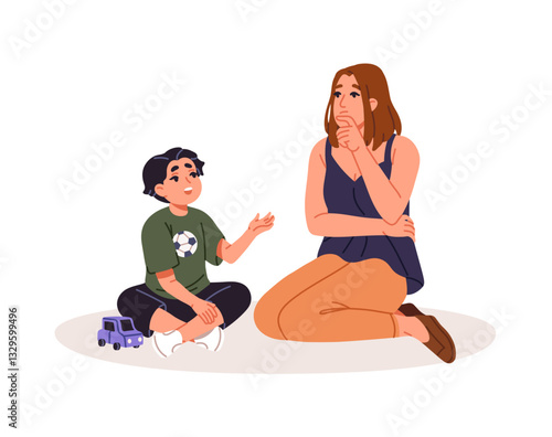 Cute kid and mom communicate. Child tells smth caring parent. Boy asks question, mother thinking about answer. Happy family talks, spends time together. Flat isolated vector illustration on white