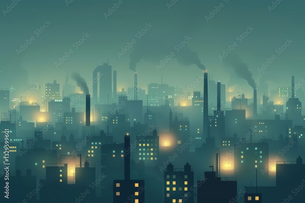Fototapeta premium Foggy industrial cityscape with smoky atmosphere at night
