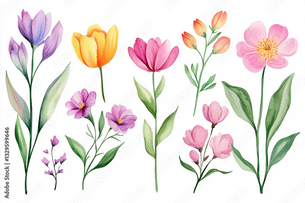 Obraz premium Watercolor, Set of Spring Flowers, cute illustration, clipart, simple, white background