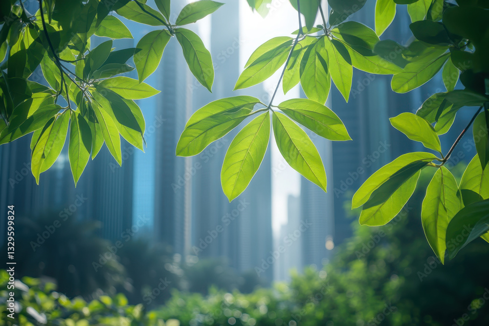 Obraz premium Green leaves in sunlight with water droplets and a small spider weaving a web.