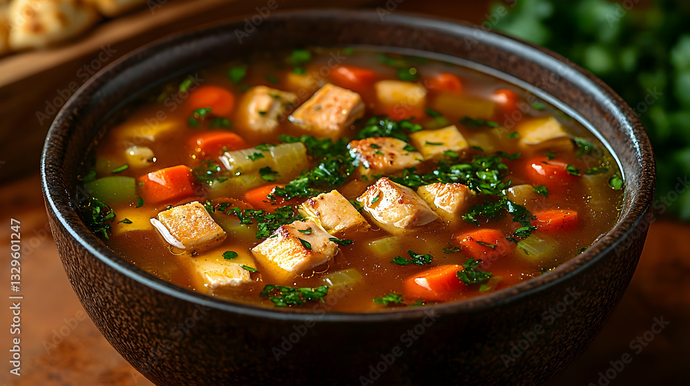 Hearty Chicken Vegetable Soup In Brown Bowl Hearty Chicken Vegetable Soup In Brown Bowl
