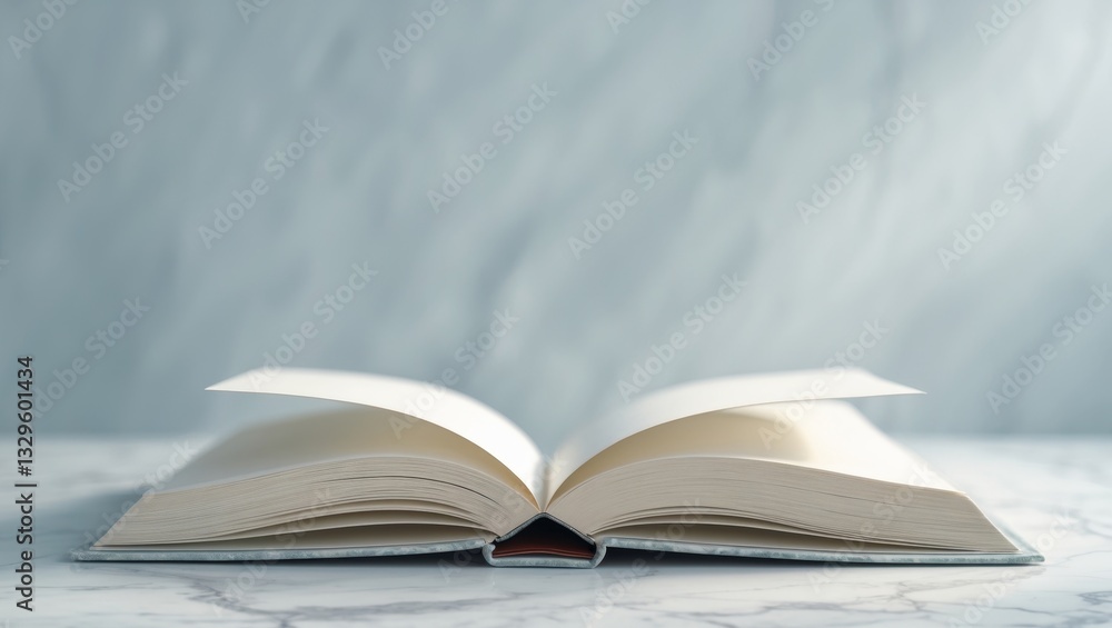 Obraz premium Open book on marble surface showcasing blank pages in serene setting.