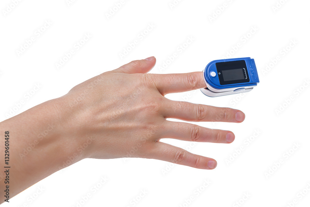 A close-up image of a person's hand with a blue and white pulse oximeter clipped onto their fingertip, used to measure oxygen saturation and heart rate.