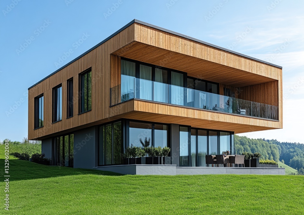 Modern two-story house with wooden cladding and large windows, located on the hillside overlooking a green landscape on a sunny day. Modern two-story house with wooden cladding and large windows, located on the hillside overlooking a green landscape on a sunny day.