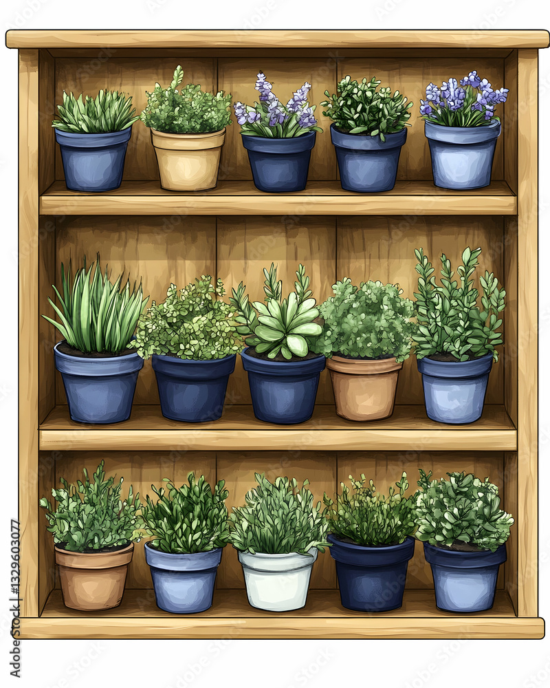 Wooden shelf with potted herbs and succulents Wooden shelf with potted herbs and succulents
