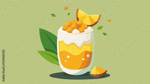 Chunks of juicy mango and homemade coconut granola are layered between creamy mango yogurt creating a tropical twist on the classic granola and yogurt. Vector illustration