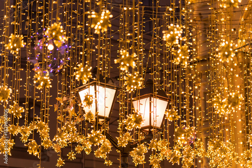 Photography Street lamps under golden decorative lights in moscow russia