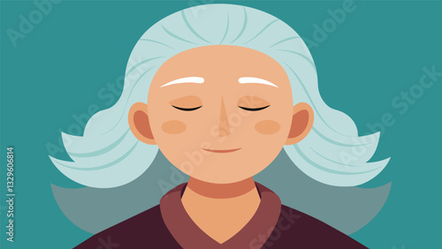 A closeup of an older womans face her wrinkles relaxed and her eyes closed in peaceful meditation.. Vector illustration