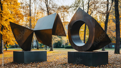 Striking large-scale geometric sculpture set against lush greenery in an urban park environment for artistic exploration and outdoor relaxation.