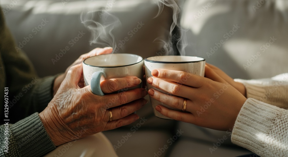 Elderly and young hands holding steaming mugs in warm sunlit room Elderly and young hands holding steaming mugs in warm sunlit room