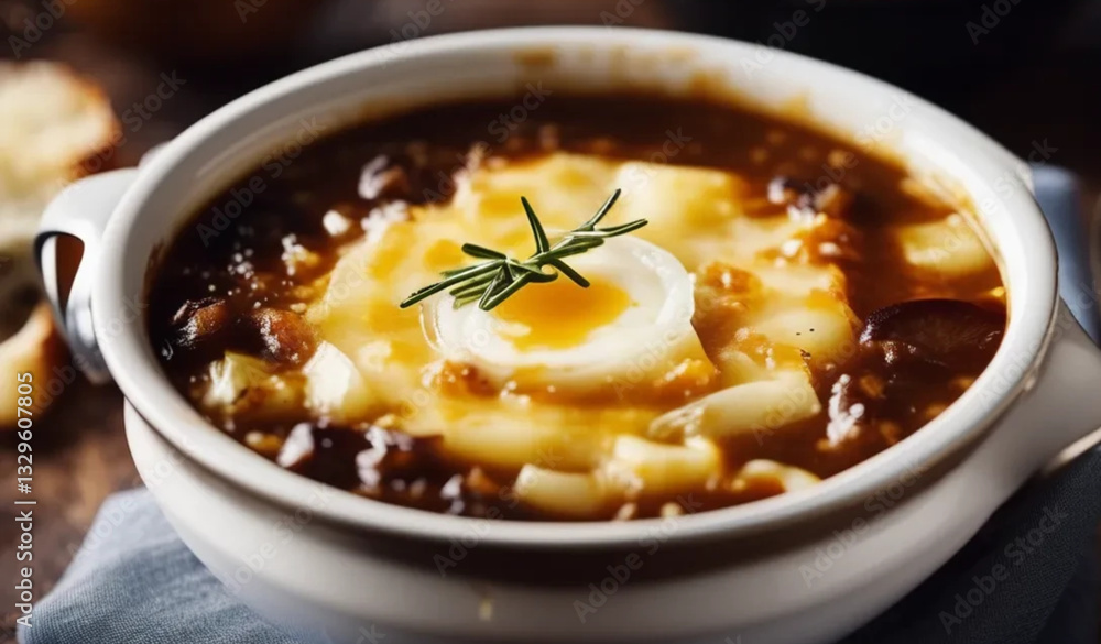French onion soup in a ceramic bowl. Close up. French onion soup in a ceramic bowl. Close up.
