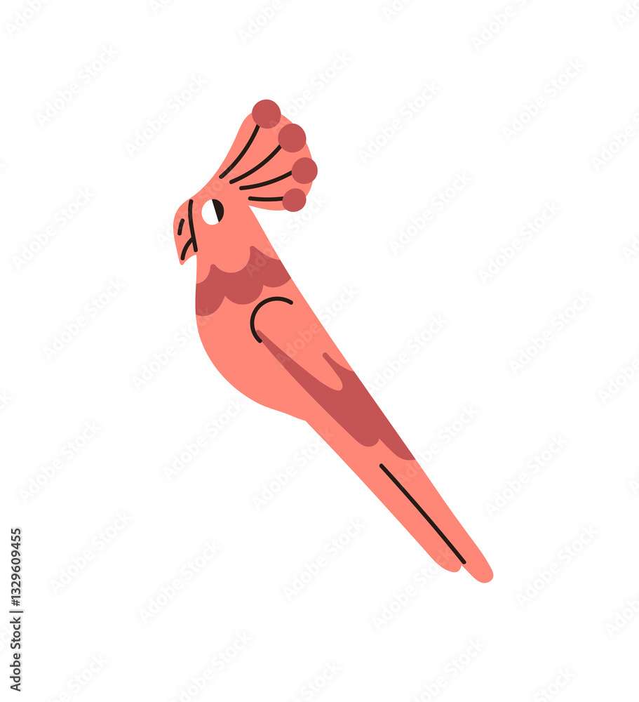 Obraz premium Abstract pink parrot with crest. Icon of cockatoo. Tropical bird, parakeet with red wings. Cute birdie of jungle. Feathered pet, exotic animal. Flat isolated vector illustration on white background