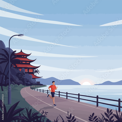 Man Running Along Scenic Coastal Road at Sunset with Traditional Building