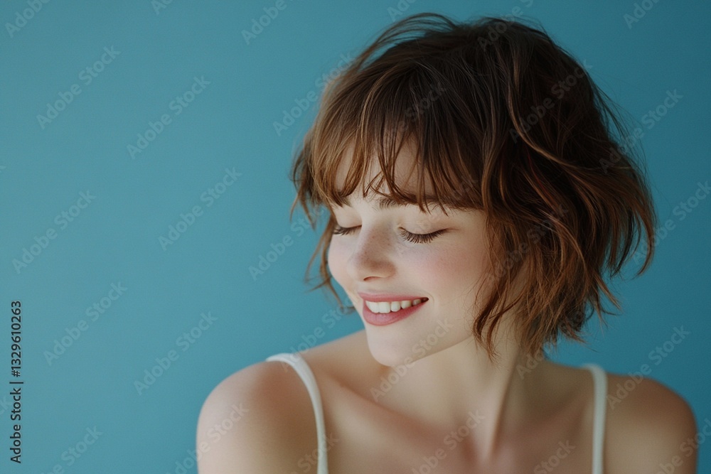 Young Asian woman with short hair smiles gently against a blue background showcasing warmth and joy Young Asian woman with short hair smiles gently against a blue background showcasing warmth and joy