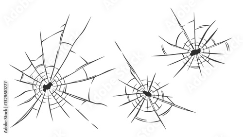 realistic bullet hole vector set, cracked glass illustration, window damage design
