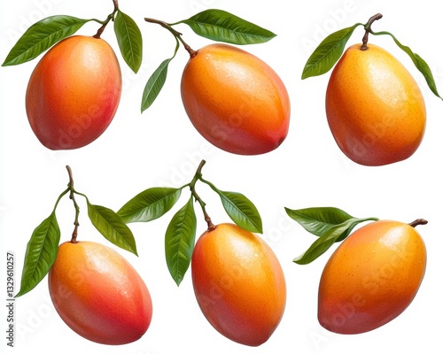 Six Ripe Mangoes with Green Leaves on White Background