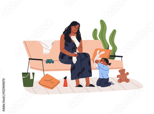 Tired from housework mother sits on sofa while her kid plays, scatters toys. Exhausted, overworked housewife cleaning, does household duty. Flat isolated vector illustration on white background