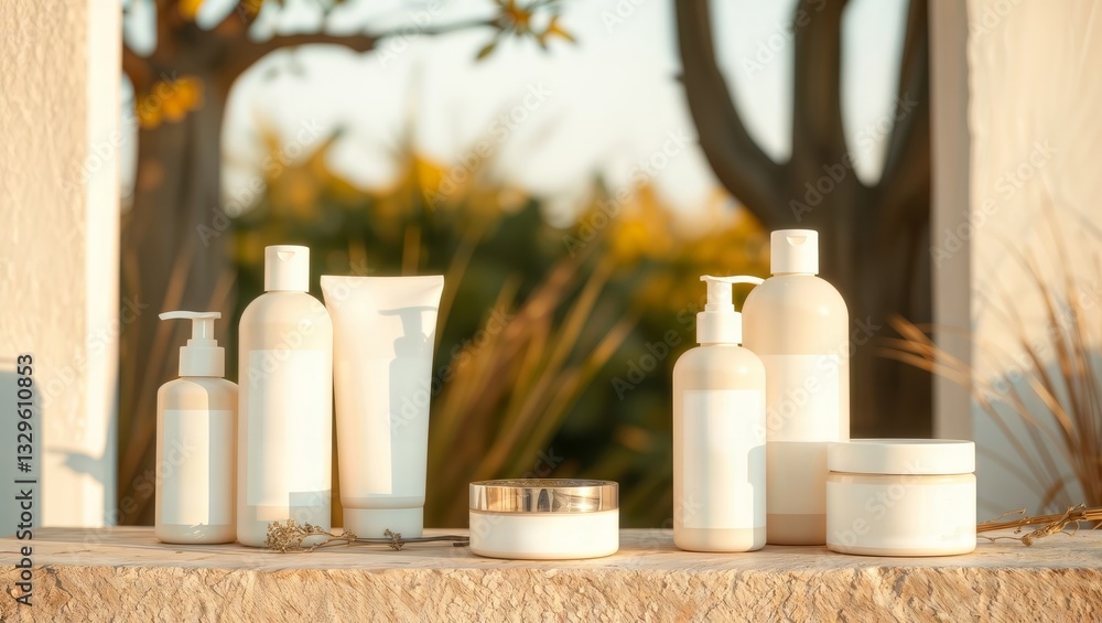 Beige cosmetic bottles sunlight. Collection of beige cosmetic bottles and tubes on stone surface in bright sunlight with blurred greenery background.