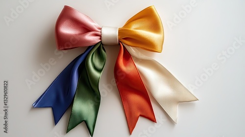 Colorful satin rainbow bow with smooth loops and tails, standing out against a white surface.