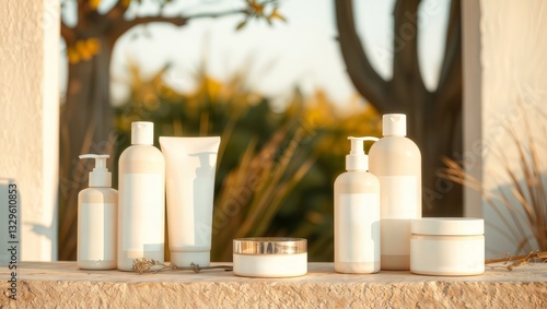 Obraz na płótnie Beige cosmetic bottles sunlight. Collection of beige cosmetic bottles and tubes on stone surface in bright sunlight with blurred greenery background. w salonie