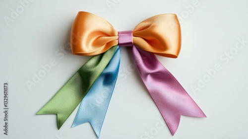 Colorful satin rainbow bow with smooth loops and tails, standing out against a white surface.