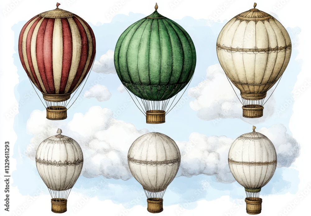 Obraz premium Six Vintage Hot Air Balloons in a Light Blue Sky with Clouds