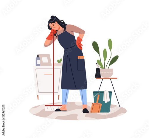 Tired housewife cleaning at home. Overworked woman is exhausted by housework, duties, leans on broom. Sad fatigue girl sweeps floor in room. Flat isolated vector illustration on white background