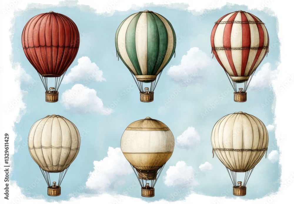 Obraz premium Six Vintage Hot Air Balloons in a Whimsical Illustration