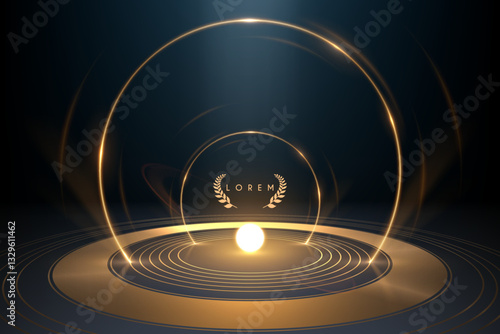 Golden light sphere and rings on black background