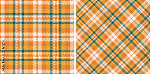 Two vibrant autumnal plaid patterns in warm orange, teal, and white.  Perfect for fallthemed designs, textile prints, and crafting projects.