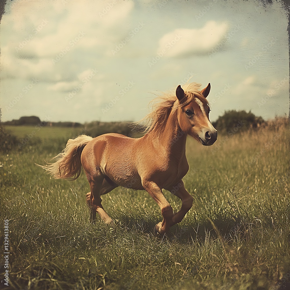 Obraz premium Small Pony Trotting Around a Green Pasture, Enjoying the Fresh Air