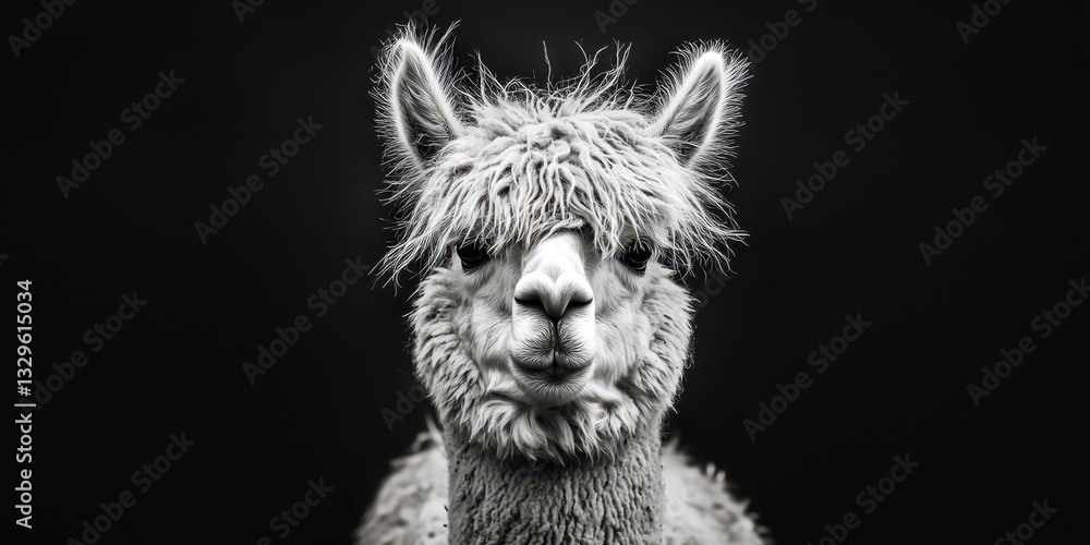 Naklejka premium A black and white photo of a llama with a fluffy mane