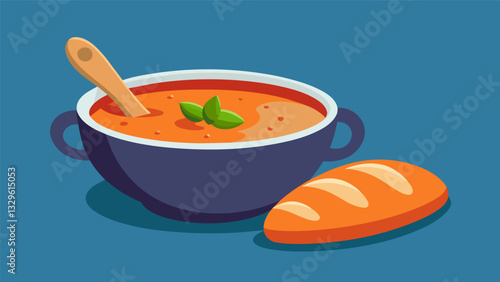 A warm bowl of creamy tomato soup paired with a crusty baguette for dipping.. Vector illustration