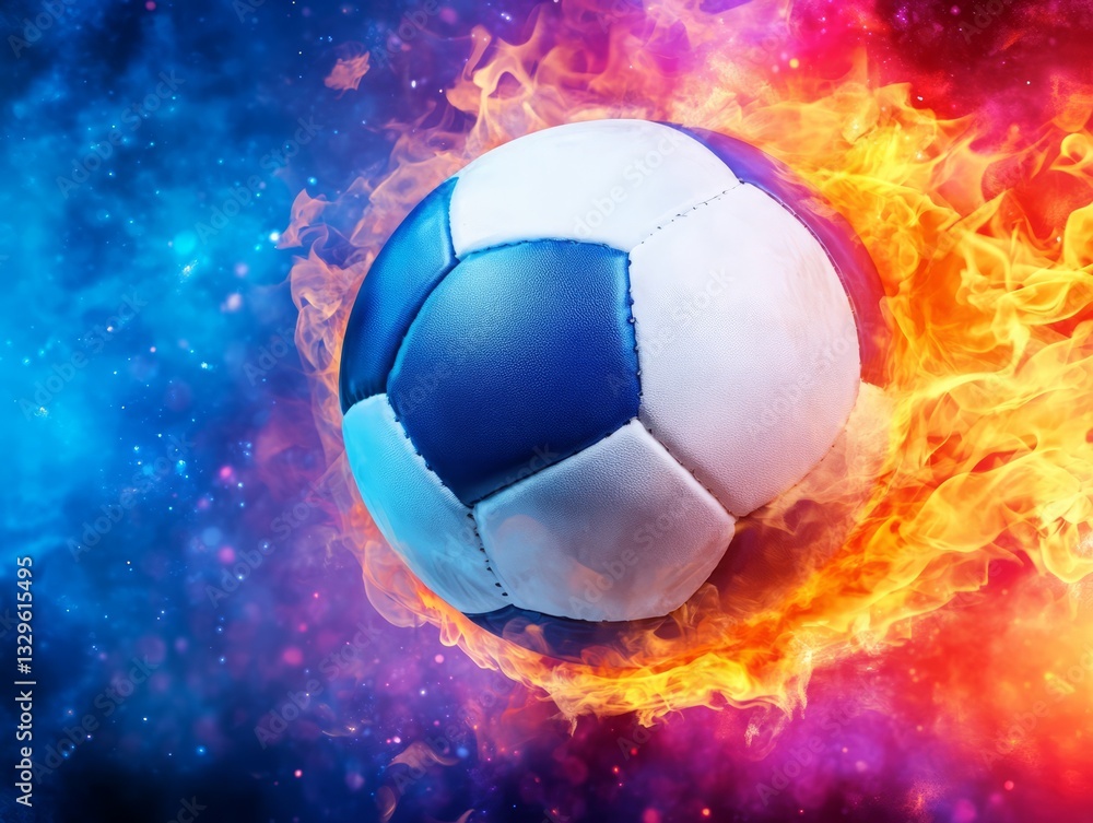 Fototapeta premium Dynamic Soccer Ball Surrounded by Colorful Flames and Bright Cosmic Background