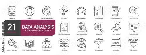 Set of line icons related to data analysis, report, database. Outline icons collection. Editable stroke. Vector illustration