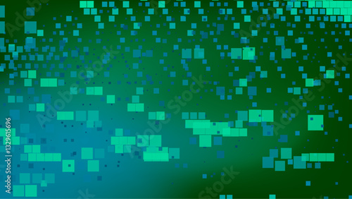 Green abstract background with scattered cyan and green squares. The digital-themed pattern gives a fresh and modern technological feel.