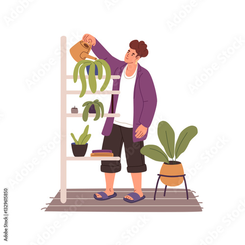 Planter watering houseplant, growing home garden in flowerpots on floral shelf. Person cares about greens in pots. Young man does housework. Flat isolated vector illustration on white background