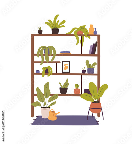 Different houseplants on wooden floral shelves. Flowers growing in pots, plants in flowerpots. Green decor for house. Home garden, planter. Flat isolated vector illustration on white background