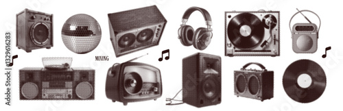 Retro music halftone collage set with vintage vinyl record, radio, various speakers, headphones on transparent background dotted collage zine elements. Isolated vector elements