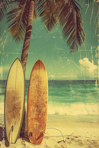 Surfboard on tropical beach background. Vintage tone color style. Generative ai