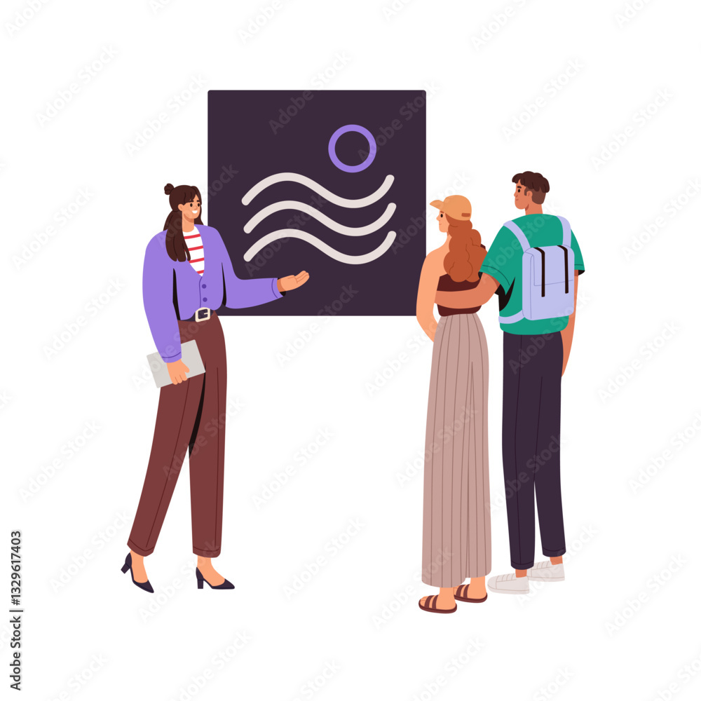 Visitors are on excursion with guide at contemporary art gallery. People looking at painting at museum exhibition. Couple enjoys of picture on exposition. Flat isolated vector illustration on white Visitors are on excursion with guide at contemporary art gallery. People looking at painting at museum exhibition. Couple enjoys of picture on exposition. Flat isolated vector illustration on white