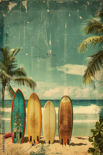 Surfboard on tropical beach background. Vintage tone color style. Generative ai