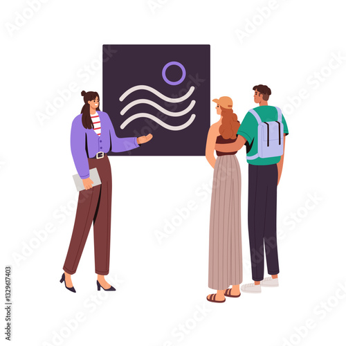 Visitors are on excursion with guide at contemporary art gallery. People looking at painting at museum exhibition. Couple enjoys of picture on exposition. Flat isolated vector illustration on white