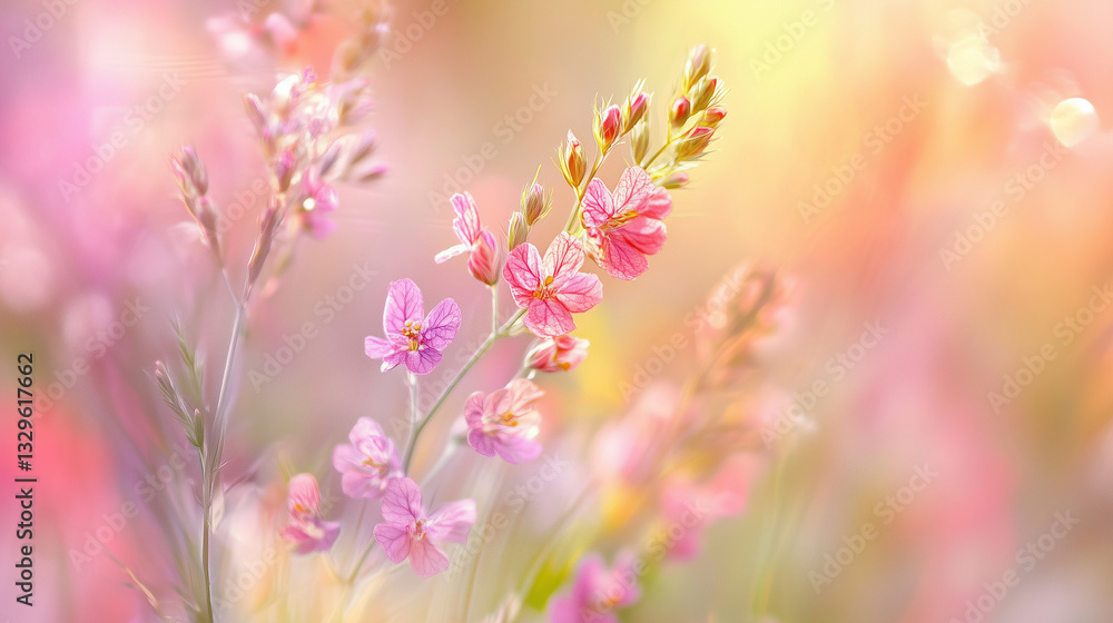 Obraz premium A beautiful spring flower meadow. Magical nature background blossom. Perfect for cosmetics, spa, perfume, beauty salon, florist shop, health care product, homeopathy, aromatherapy