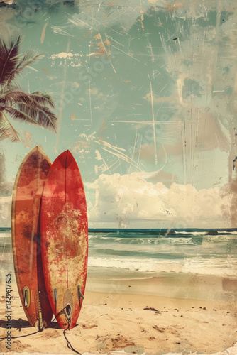 Surfboard on tropical beach background. Vintage tone color style. Generative ai